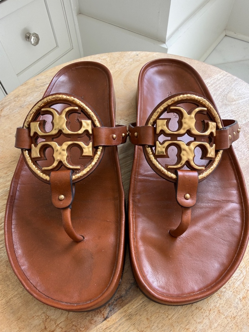 Tory Burch Brown Leather Sandal with Gold Double-T Medallion